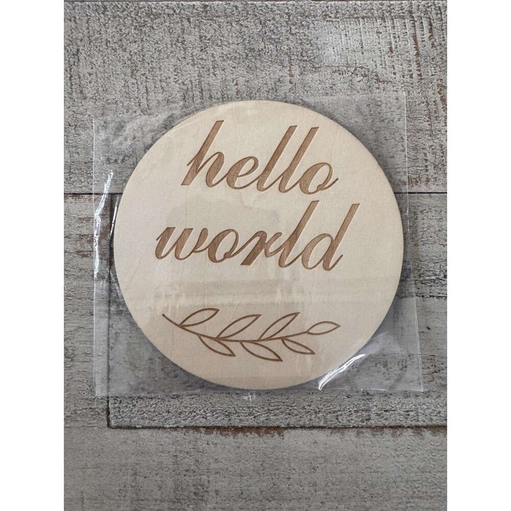 Beige Wooden Hello World Birth Announcement Card Set with Name, Date Fields